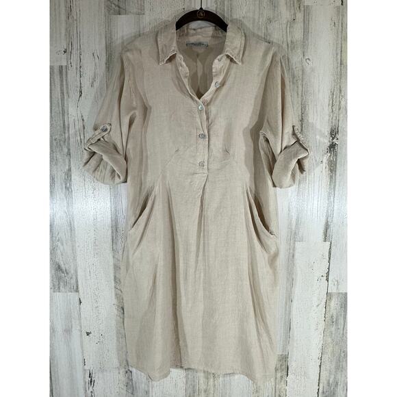 Elena Baldi Dress Size Small 100% Linen Beige Cream Pockets Roll Tab Sleeves - Picture 1 of 8